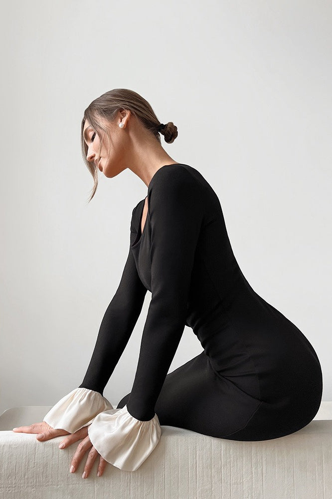 Square Neck Long Sleeve Contrast Cuff Bodycon Midi Dress 4