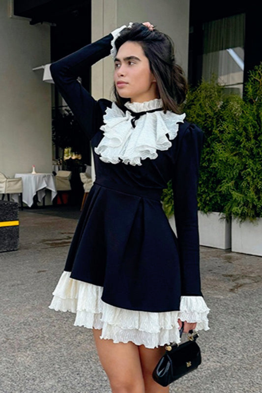 Ruffle Jabot High-Neck Bell Sleeve Tiered Mini Dress