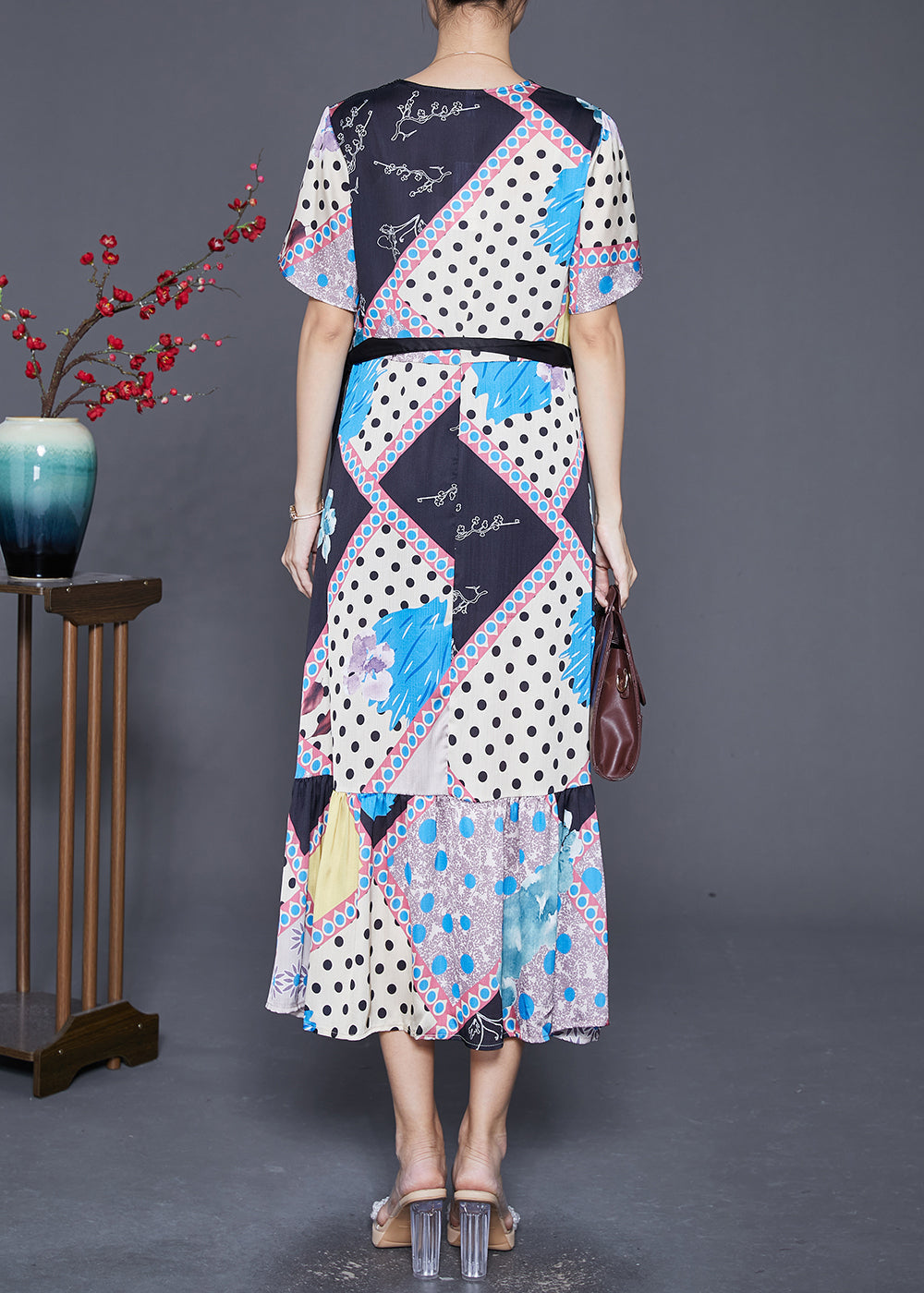 Patchwork Print V-Neck Short Sleeve Tie Ribbon Waist Midi Dress - View 4