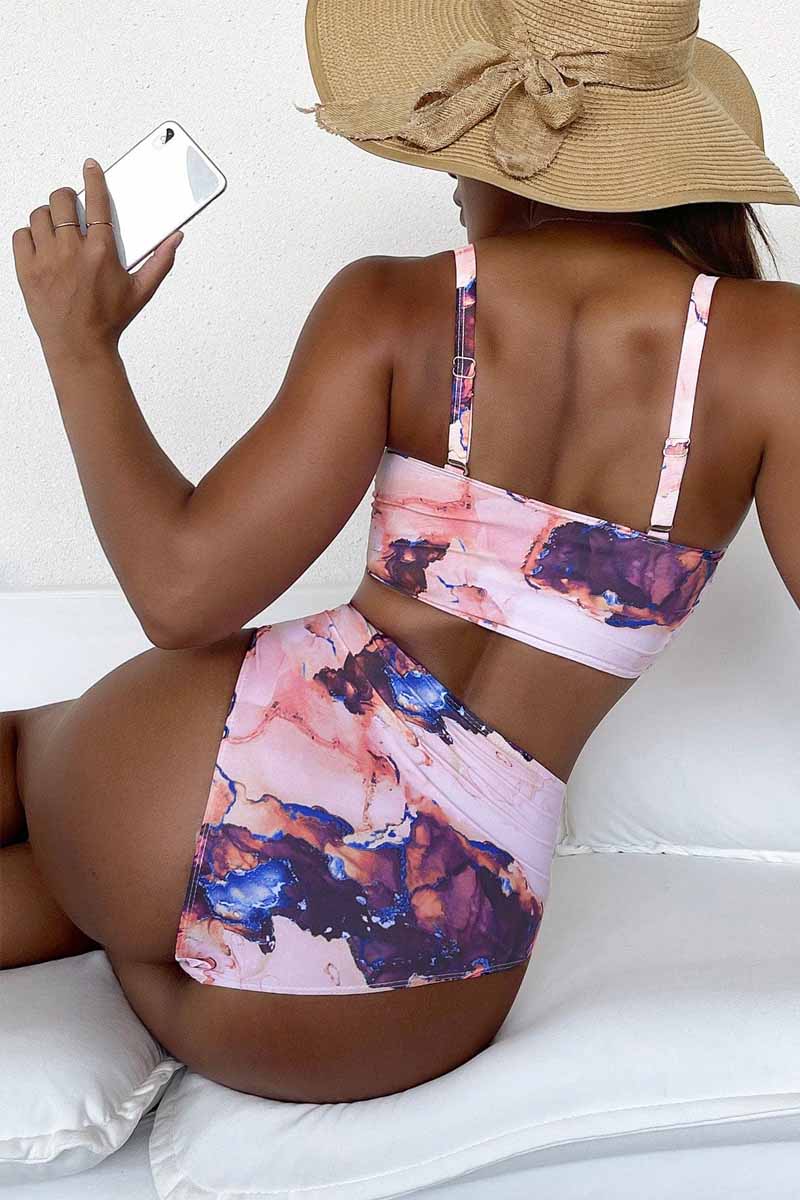 Marble Print Ruched Push Up Two Piece Swimsuit - Fashionpara
