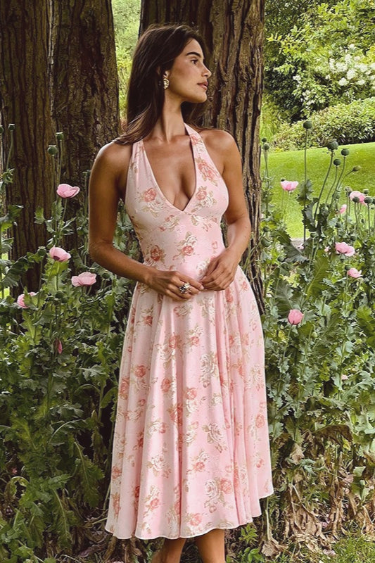 Floral Print Halter Neck Fit & Flare Midi Dress