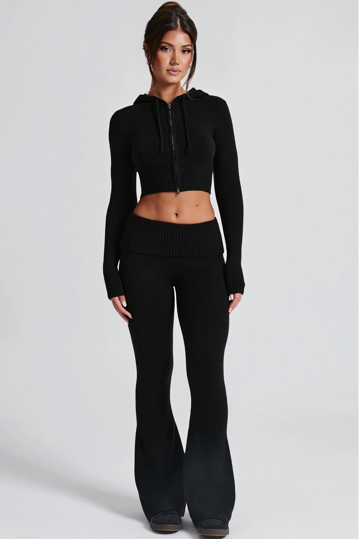 Cropped Zip Hoodie Flared Pants Two Piece Set