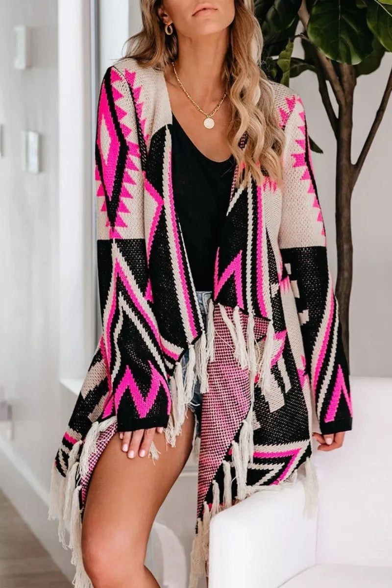 Geometric Print Tassel Design Cardigan  Fashionpara