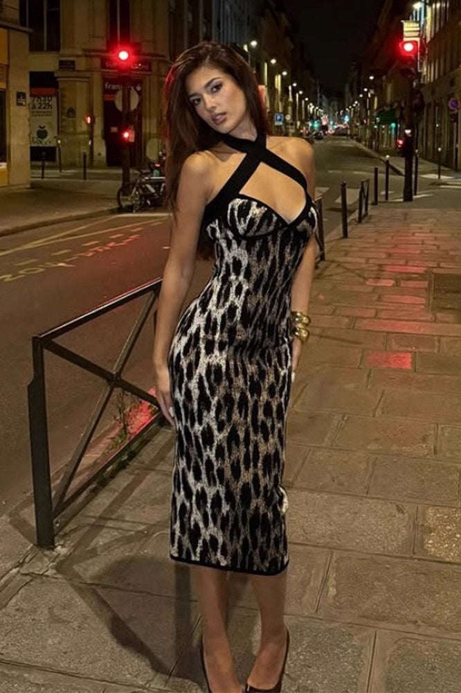 Leopard Print Halter Cut-Out Bodycon Maxi Dress