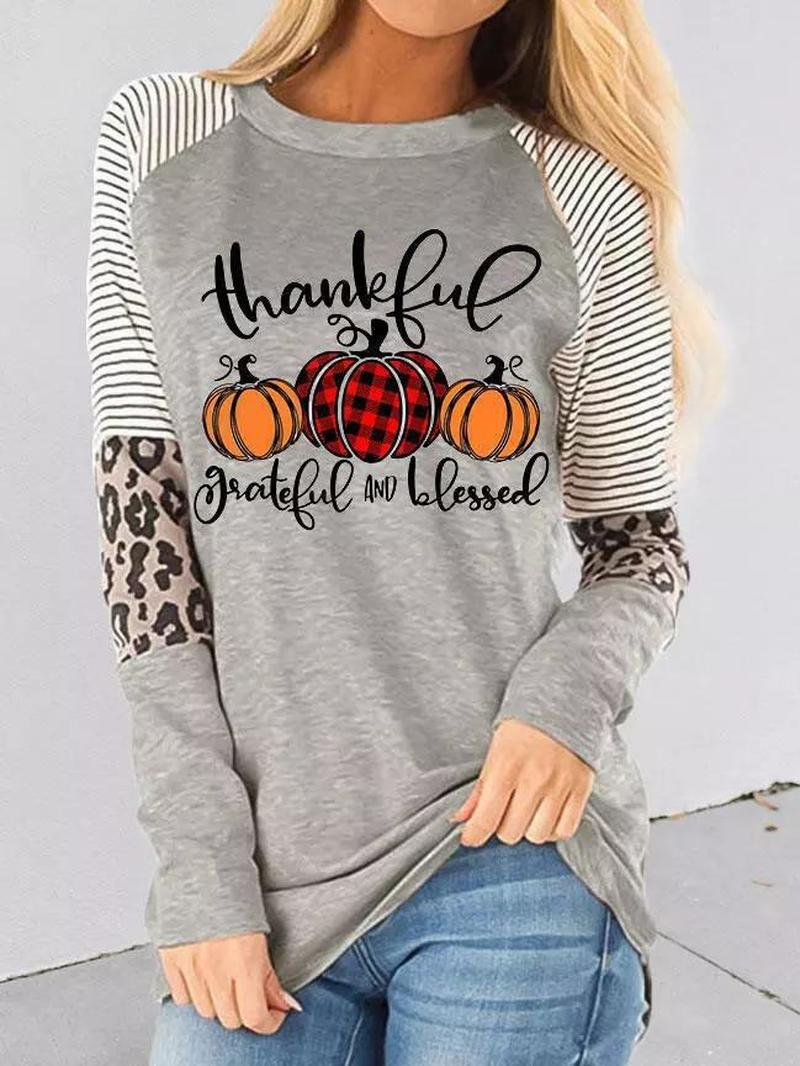 Thankful Striped Leopard Splicing Plaid Pumpkin Blouse  Fashionpara