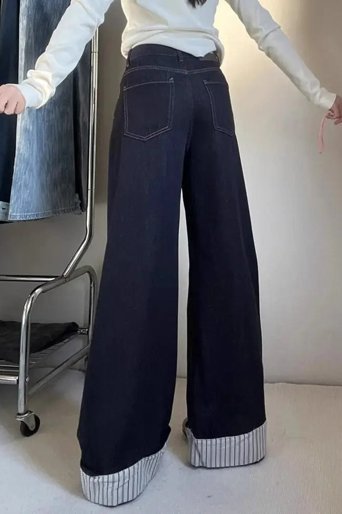 Denim Blue Striped Patchwork Wide Leg Jeans
