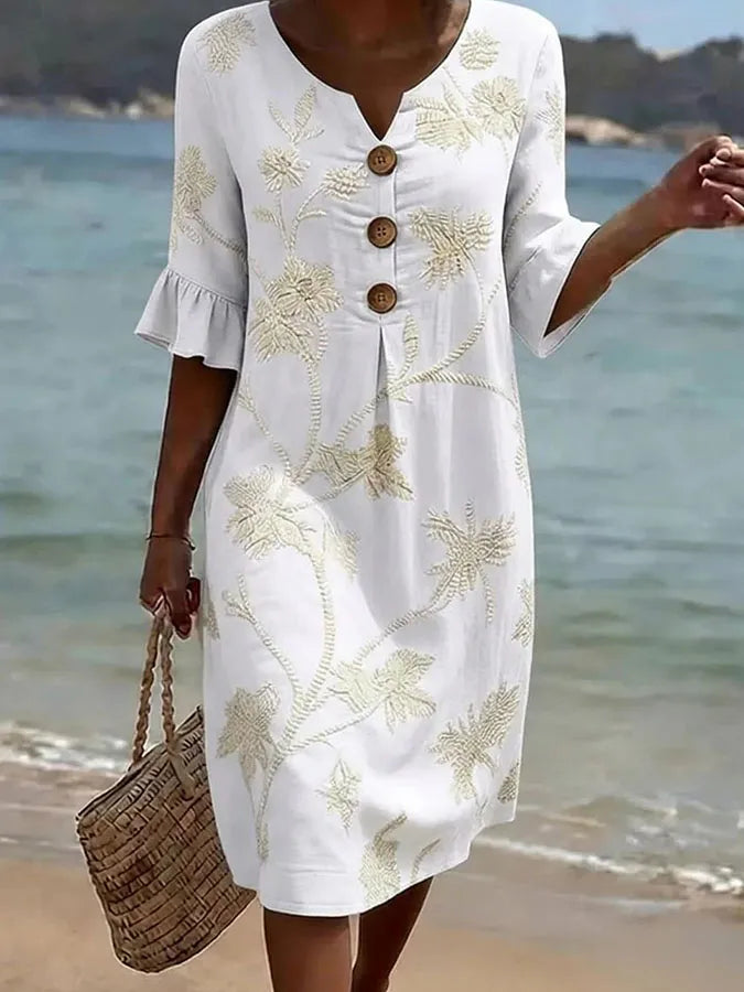 Floral Embroidered Notch Neck Ruffle Sleeve Button Front Midi Dress