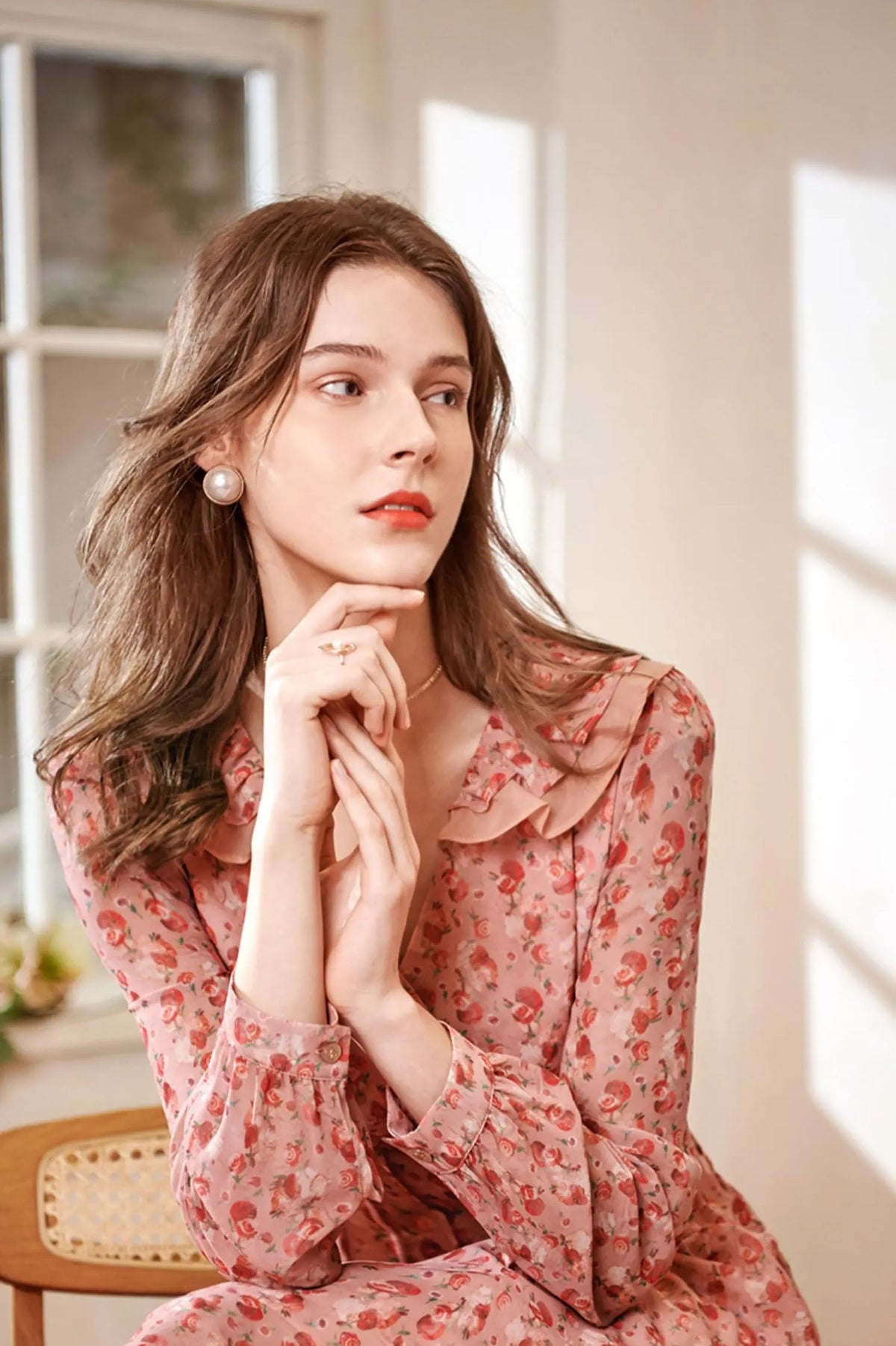 Floral Print Deep V-Neck Ruffle Trim Long Sleeve Midi Dress - View 7