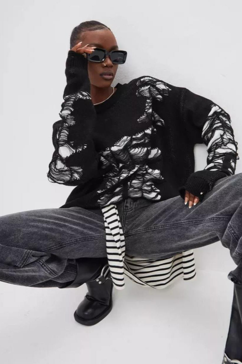 Casual Distressed Long Sleeve Blouse