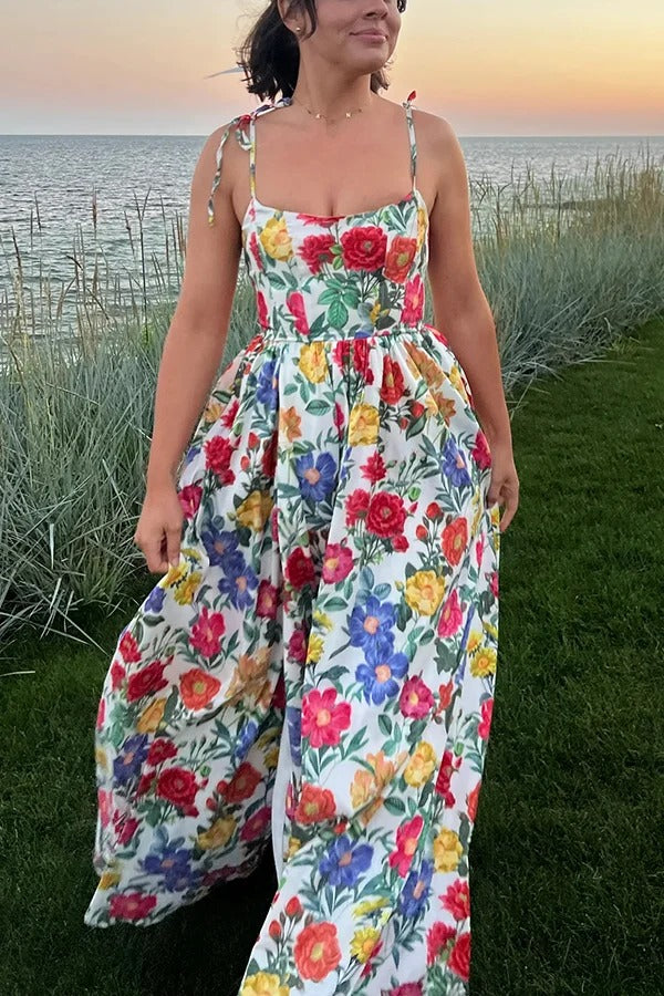 Garden Wedding Floral Print Back Tie-up Pocketed Slit Maxi Dress - Fashionpara