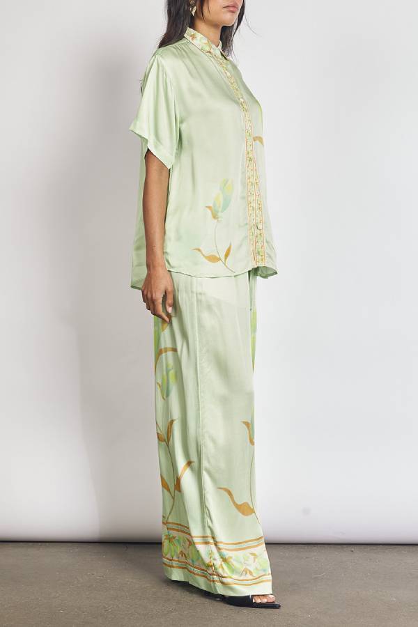 Niah Satin Tulip Print Lapel Short Sleeve Shirt and Elastic Waist Tie Pocket Wide Leg Pants Set - Fashionpara