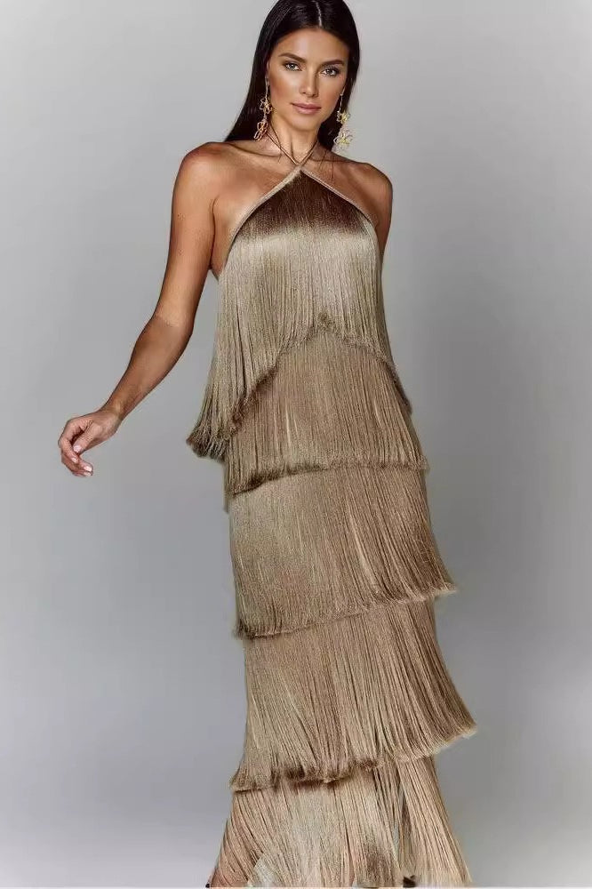 Chic Halter Fringe Backless Slit Cocktail Dress in Khaki