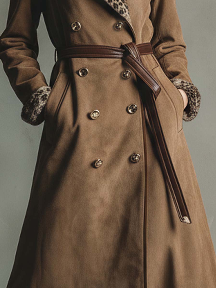 Camel Eco-Suede Trench Coat With Leopard Faux Fur Collar And Printed Lining