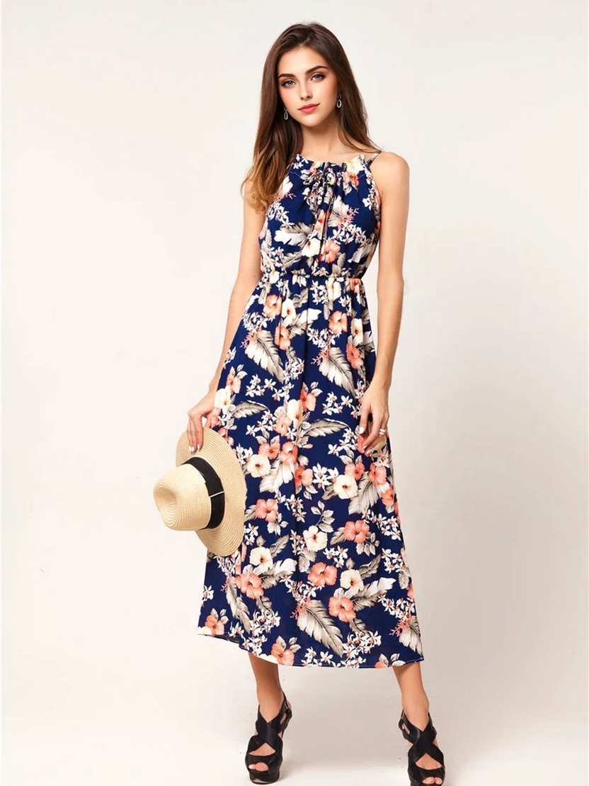 Floral Print Halter-Neck Sleeveless Maxi Dress