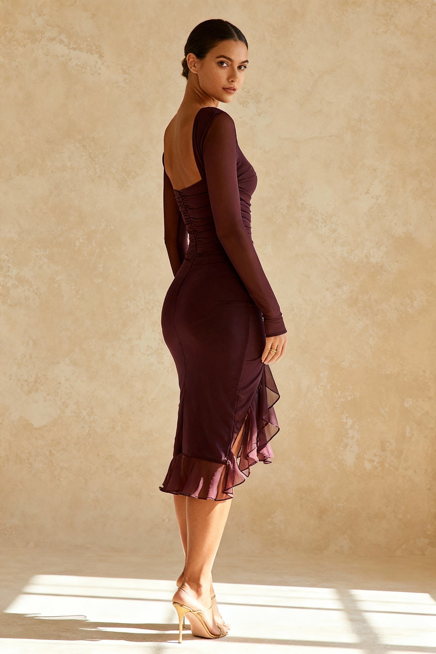 Wine Ruffle Stylish Midi Dress