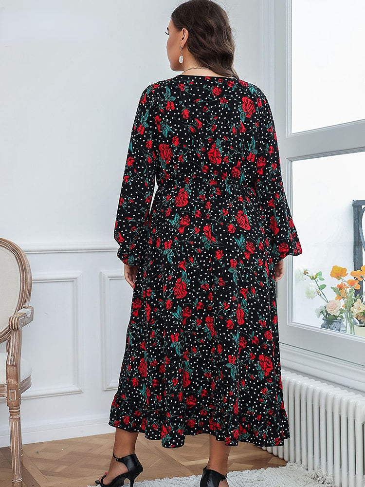 Print V-Neck Swing High Waist Loose Midi Dresses 2