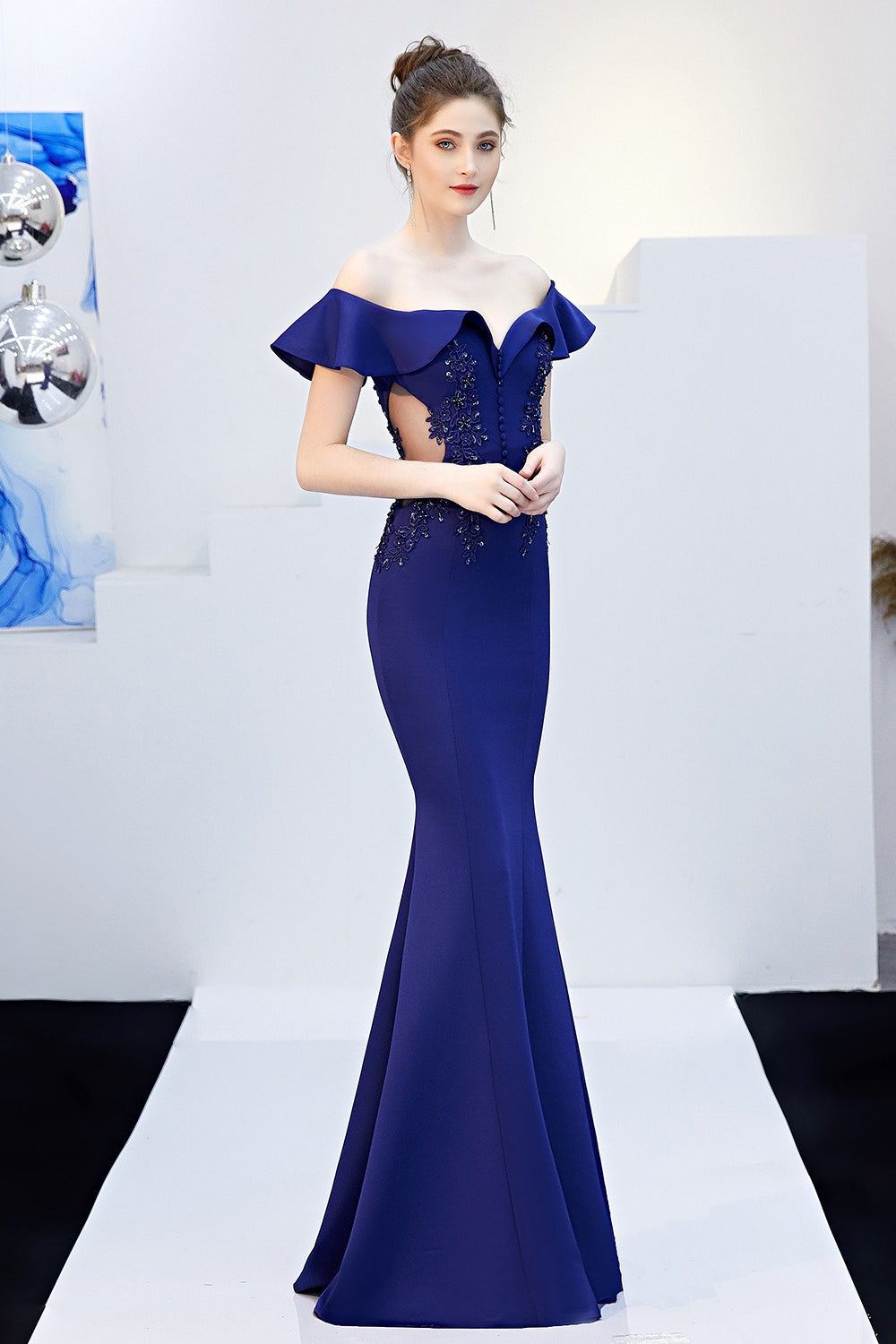 Off Shoulder Ruffle Beaded Mermaid Formal Gown - View 15