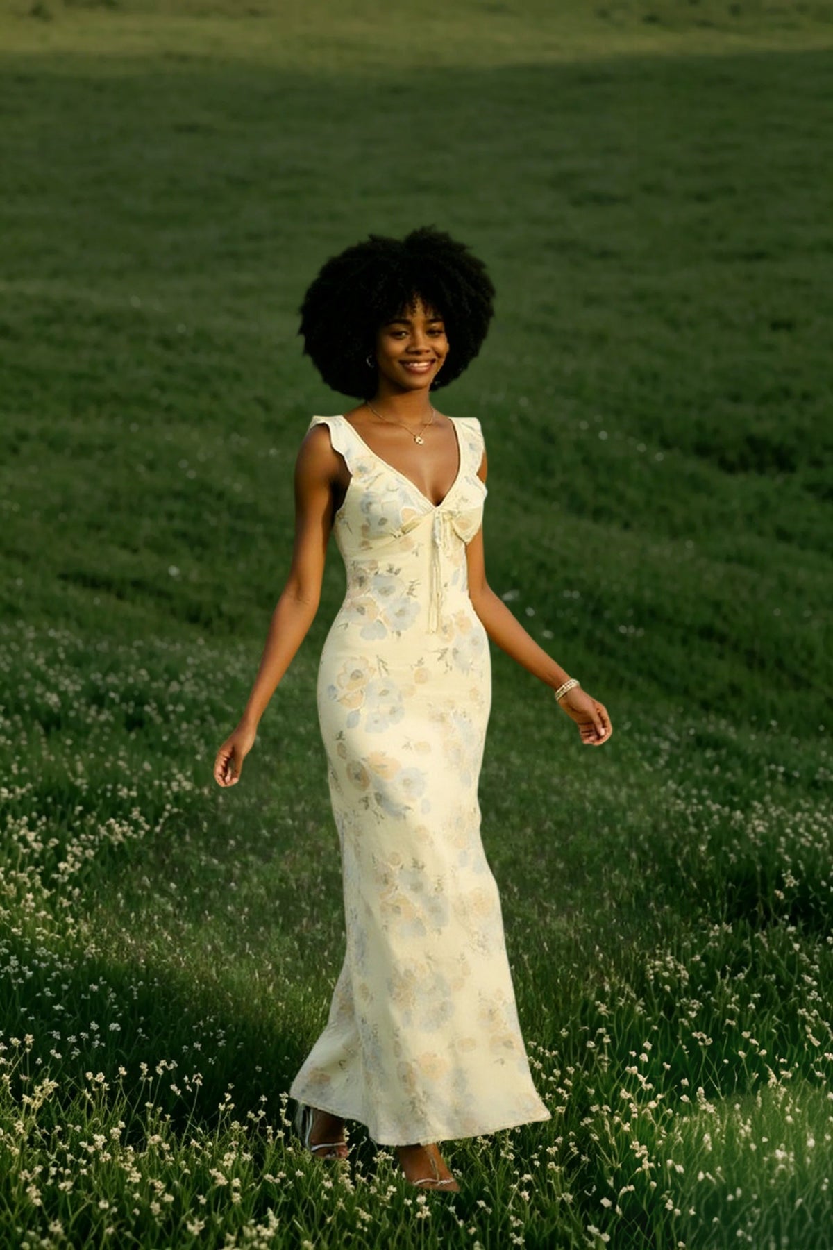 Floral V-Neck Flutter Tie Front Maxi Dress