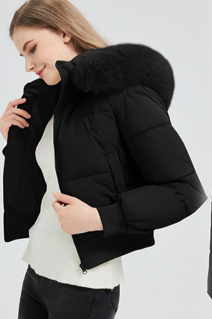 Quilted Cropped Faux Fur Collar Coat - Fashionpara