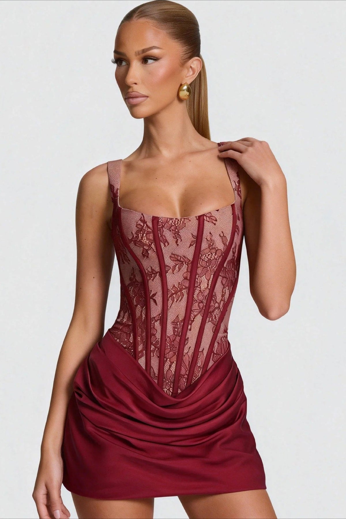 Lace Corset Square Neck Draped Hem Mini Dress