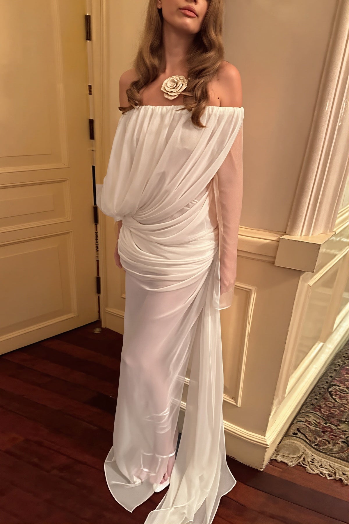 Off Shoulder Long Sleeve Draped Sheer Maxi Dress