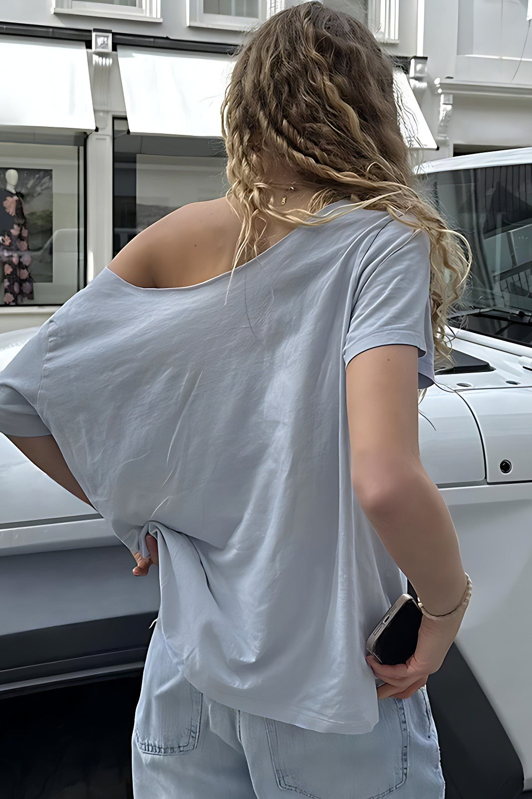 Off Shoulder Short Sleeve Number Print Oversized Top 3