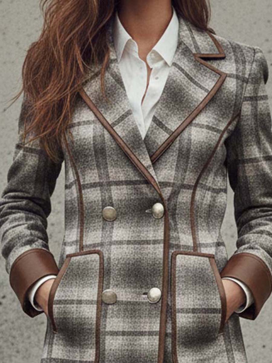 Plaid Print Faux Suede Coat With Leather Trim - Fashionpara