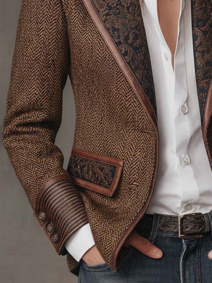 Herringbone Tweed Paisley Panel Faux Leather Trim Blazer 6
