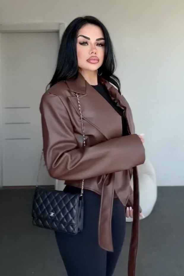 Sexy Fitted Leather V-Neck Tie-Waist Jacket
