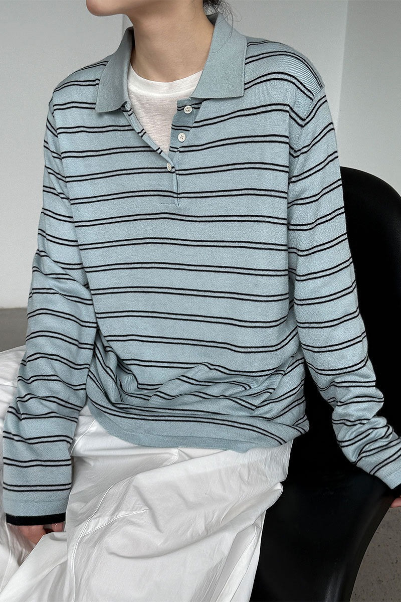Soft Wool Striped Polo Collar Long Sleeve Blouse