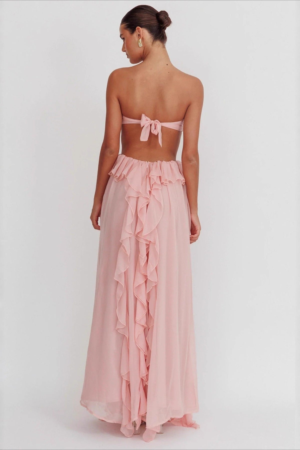 Strapless Chiffon Ruffle Rosette Cut Out High Split Maxi Dress - View 3
