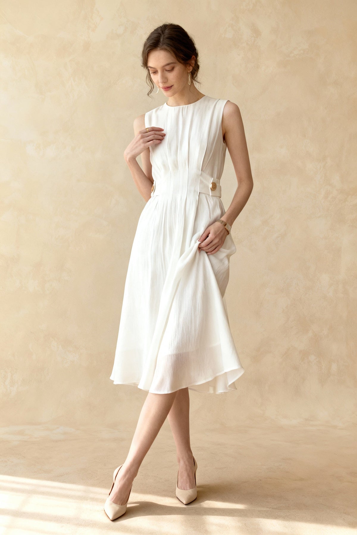 Pleated Crew-Neck Sleeveless A-Line Midi Dress