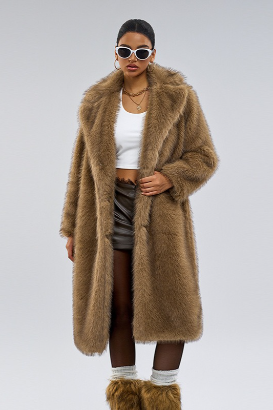 Notched Lapel Faux Fur Long Extended Overcoat - Fashionpara