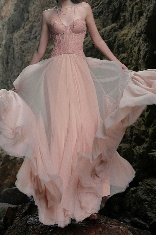 Lace Corset Strapless Tulle Maxi Gown 2