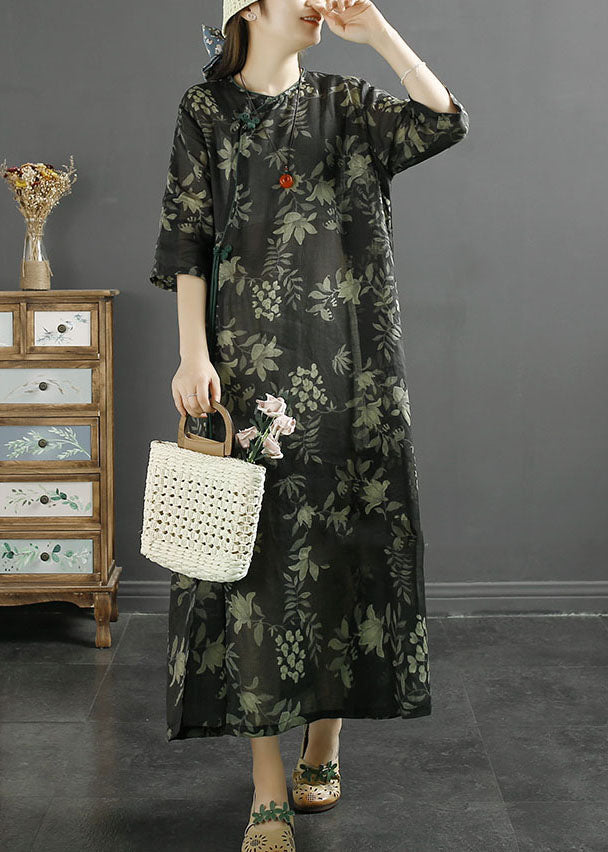 Botanical Print Frog Button Cheongsam Three Quarter Sleeve Maxi Dress - View 3