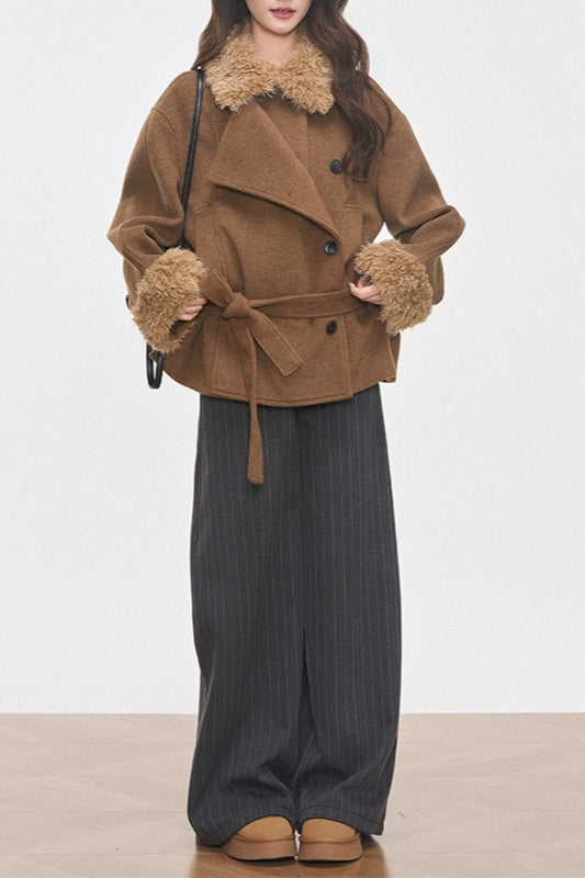Petite Faux Fur Collar Thick Wool Blend Coat 2