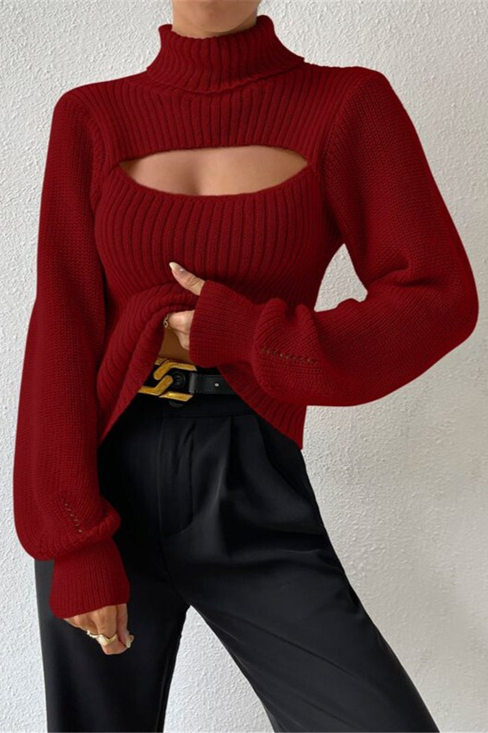 Cutout Turtleneck Balloon Sleeve Knit Sweater