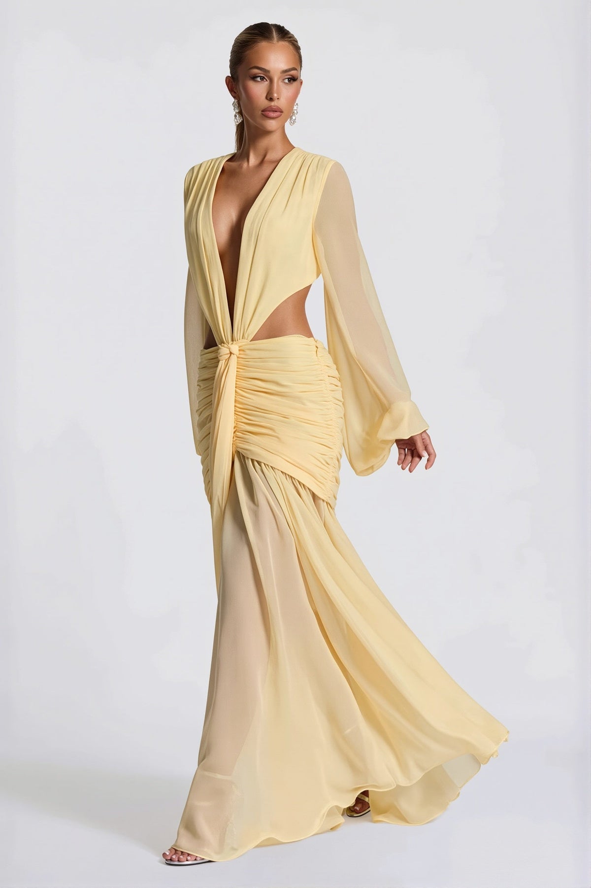 Chiffon Deep V-Neck Long Sleeve Cut Out Gown