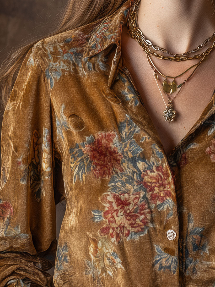 Vintage Suede Floral Print Puff Sleeves Blouse - Fashionpara