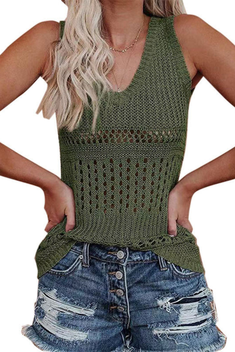 V Neck Sleeveless Hollow Out Knit Vest(2 Colors)