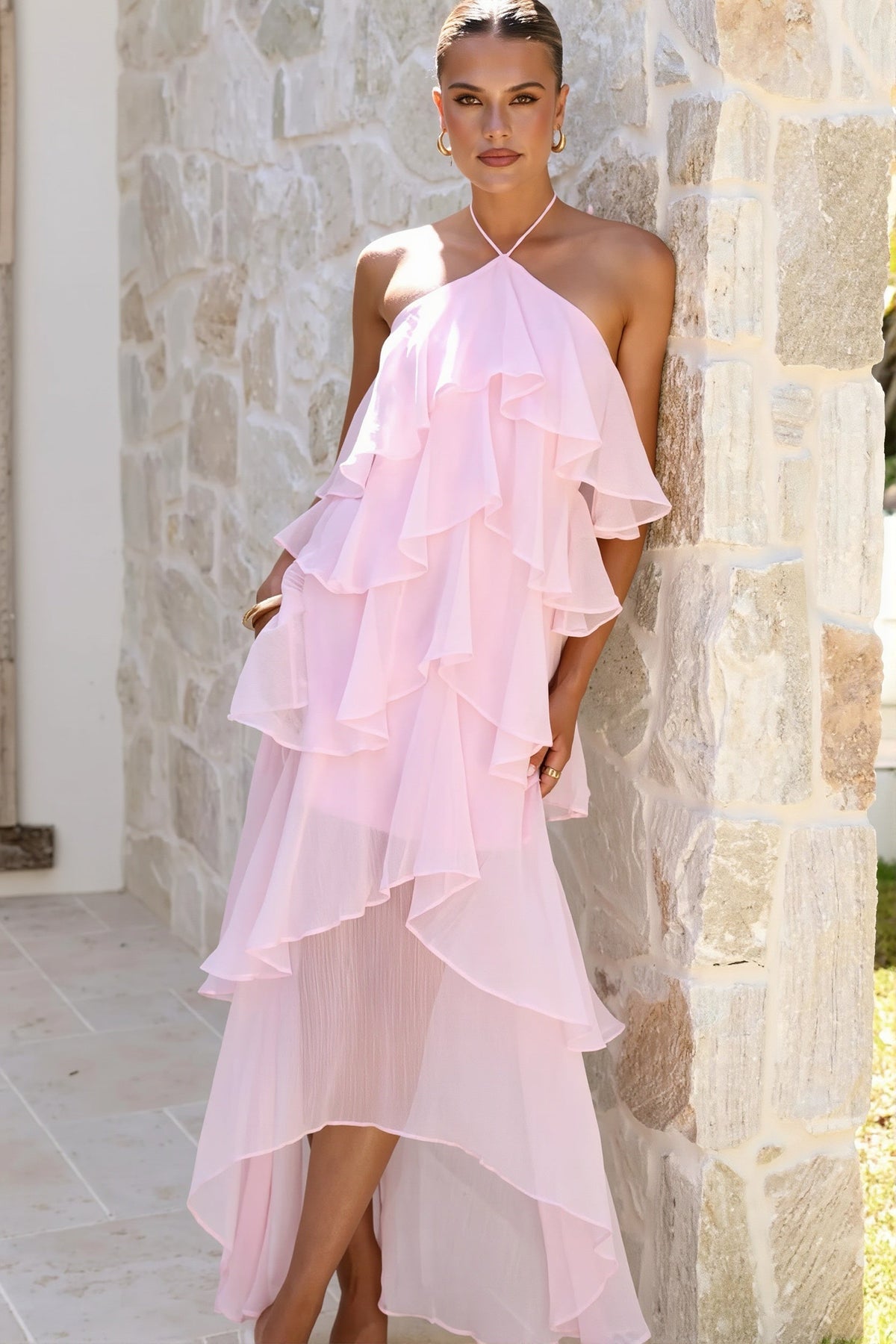 Floral Halter Tiered Ruffle High Low Midi Dress 13