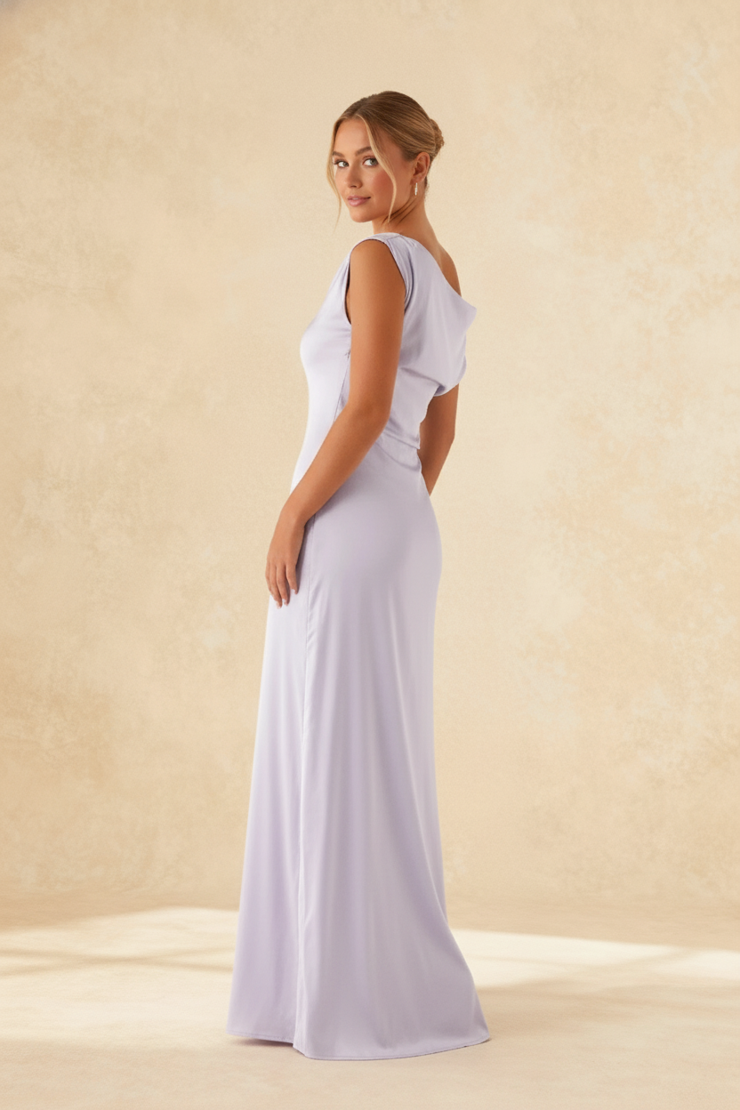 Solid Asymmetric Neckline Formal Dress