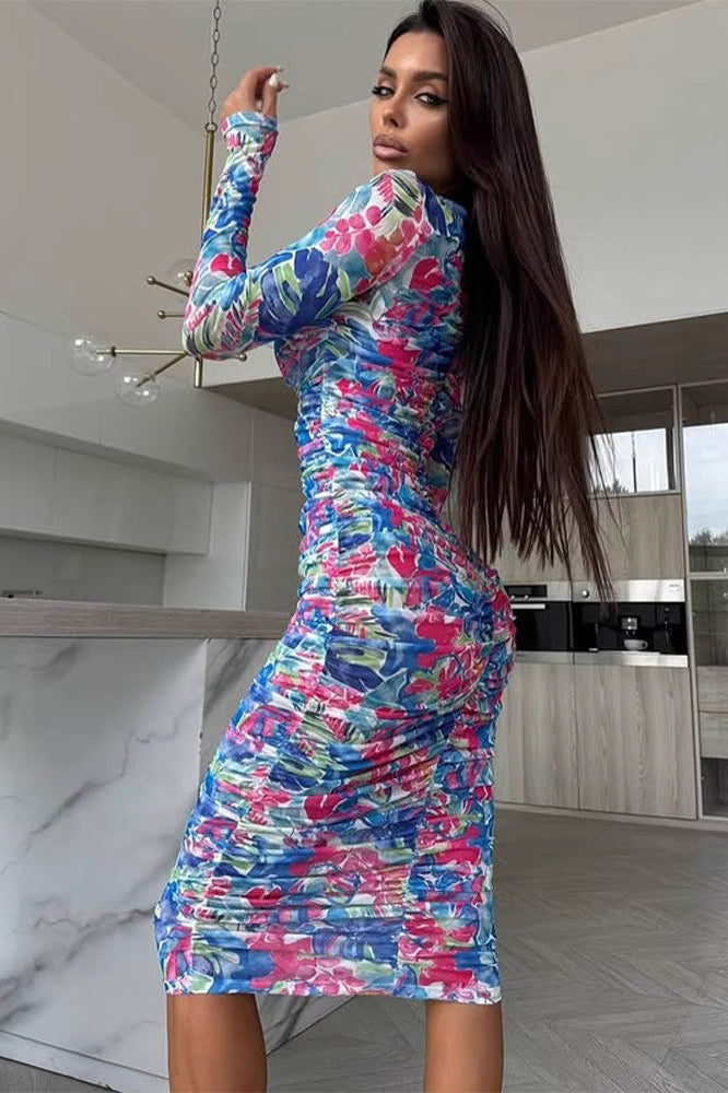 Floral Print High Neck Long Sleeve Ruched Midi Dress