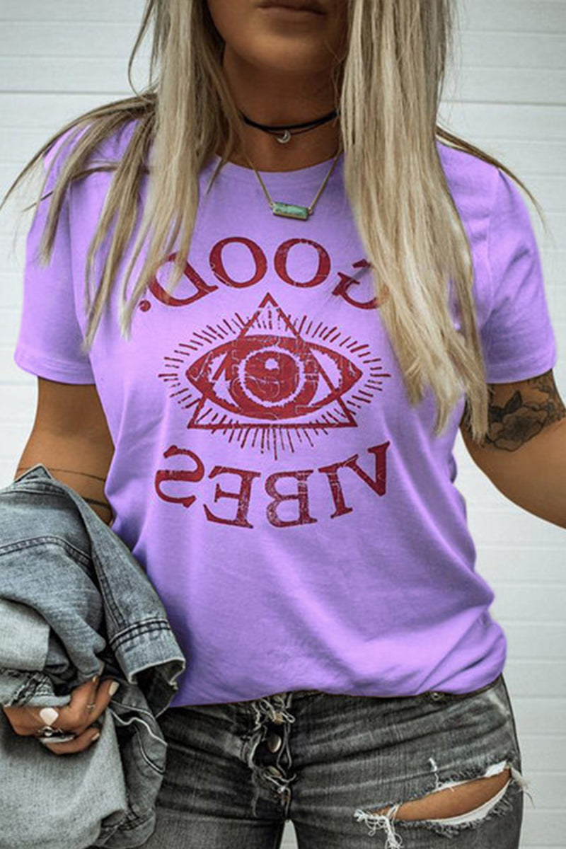 O Neck Daily Letter GOOD VIBES Print White T-shirt Fashionpara