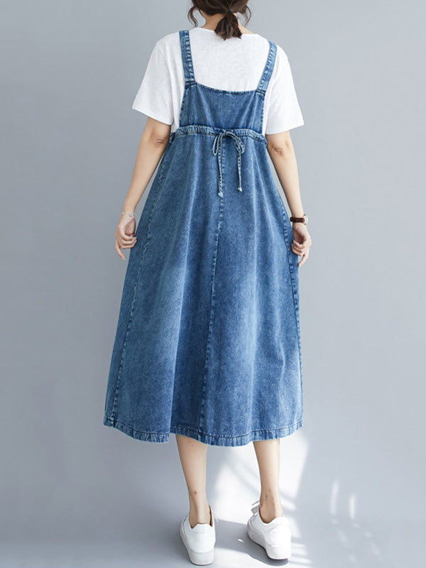 Denim Bib Strap Cargo Pocket Loose Fit Midi Overall Dress - View 8