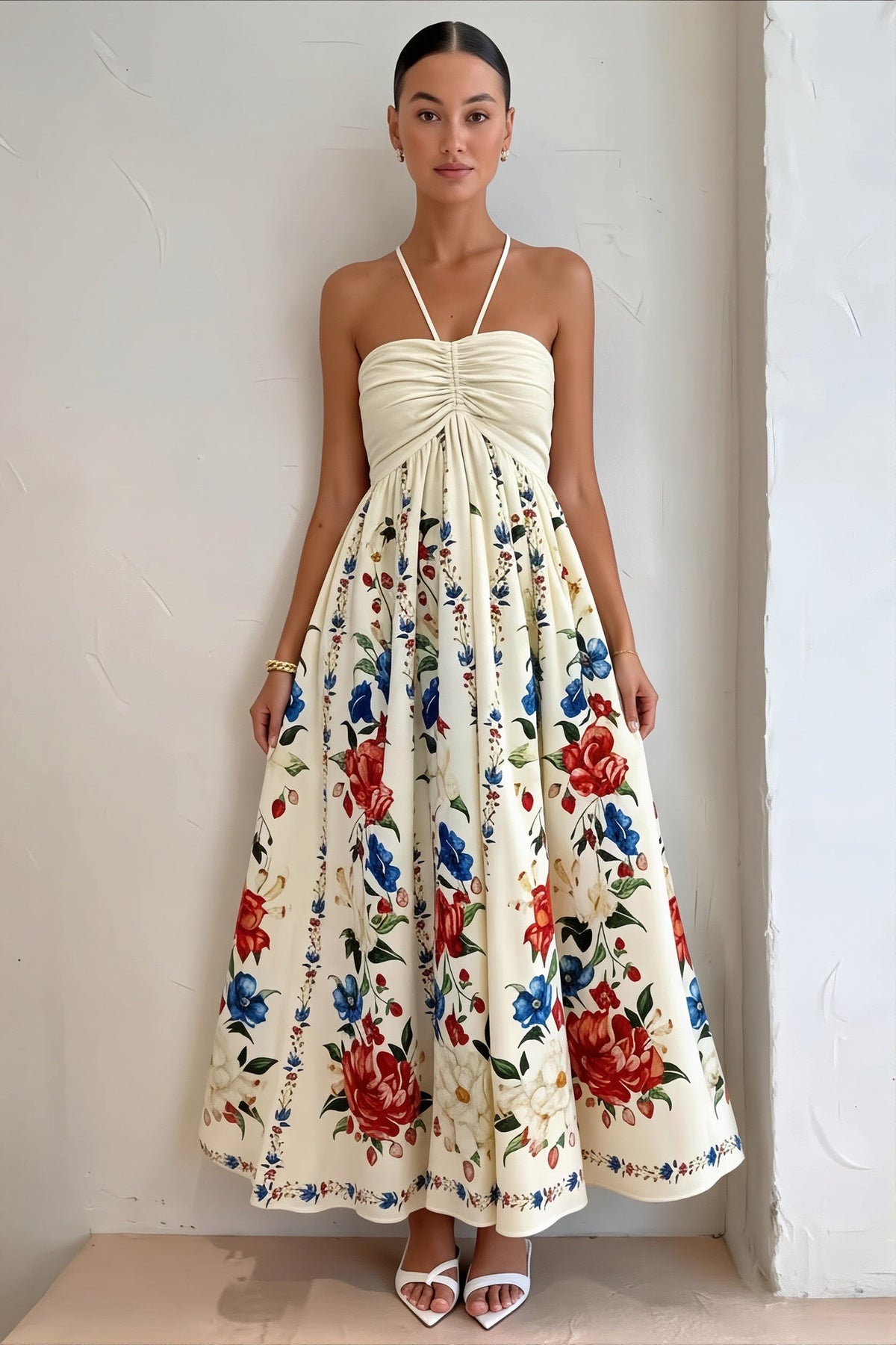 Floral Print Halter Neck Full Skirt Maxi Dress