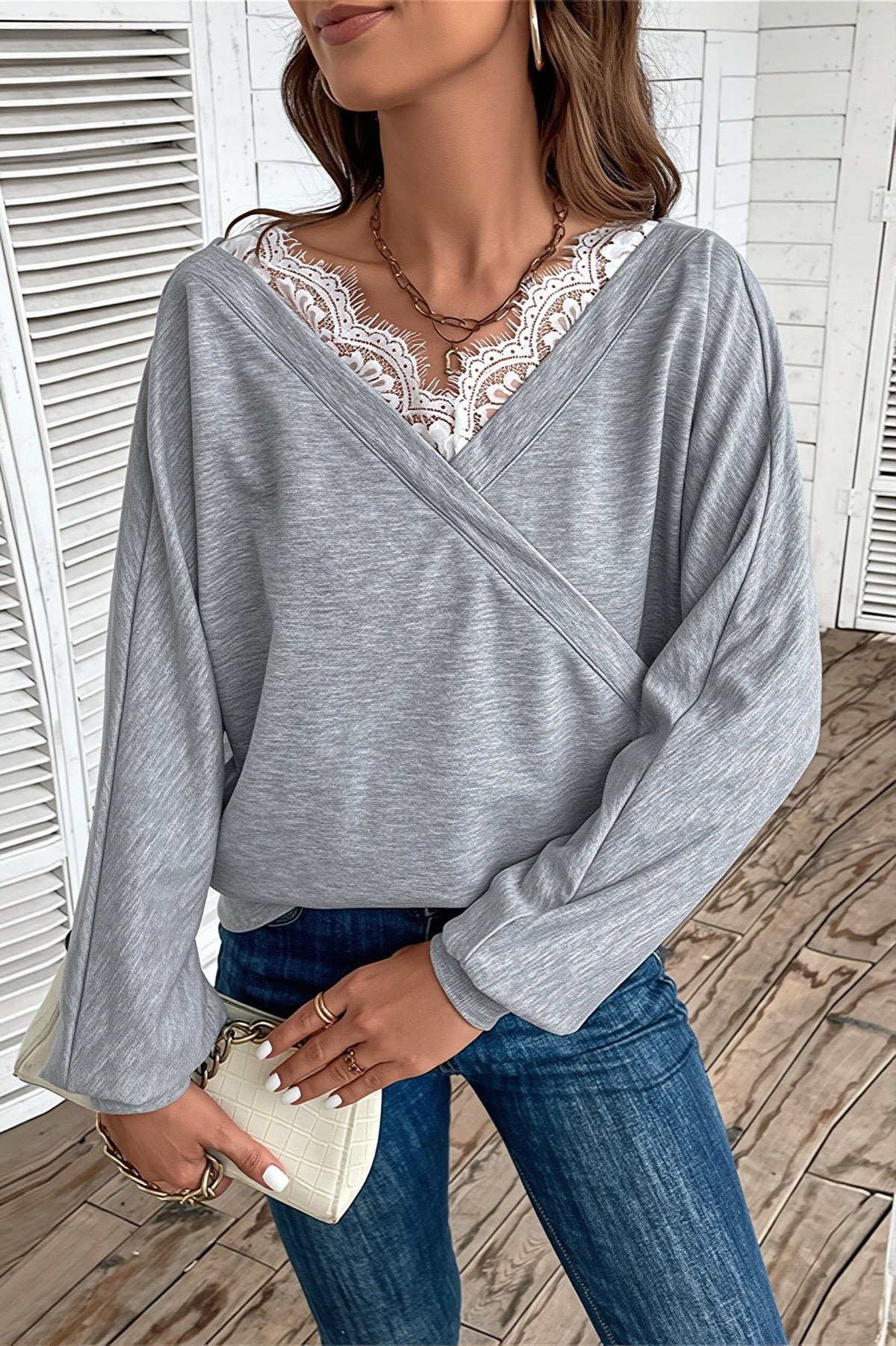 Lace Trim Wrap Neck Pullover Sweatshirt 3