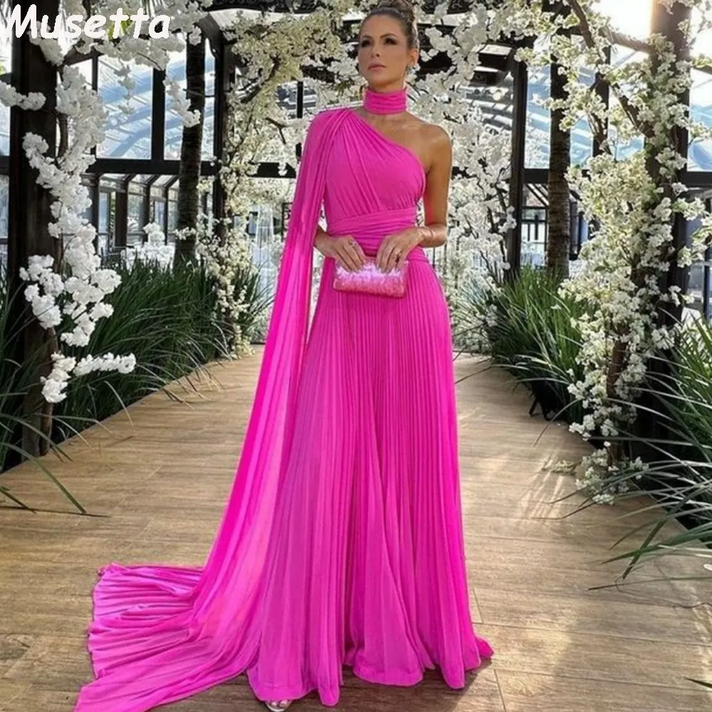 Elegant Long Chiffon Hot Pink Evening Dresses With Cape A-Line One Shoulder Prom Dress