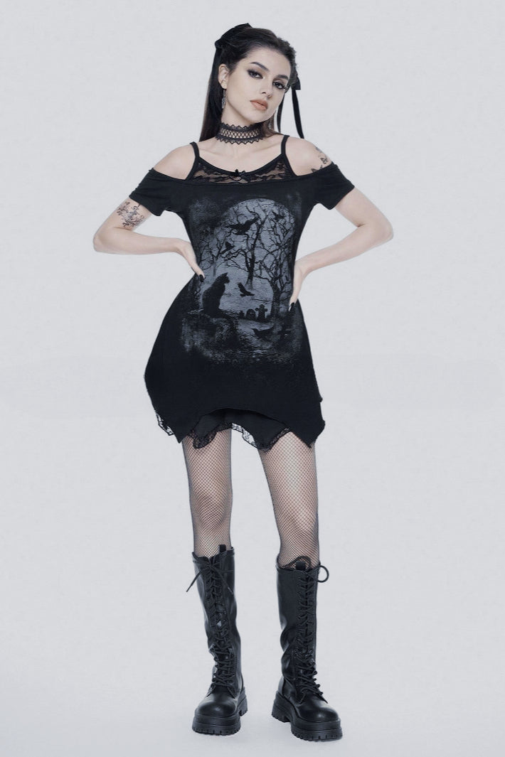 Graphic Print Off Shoulder Lace Trim Mini Dress