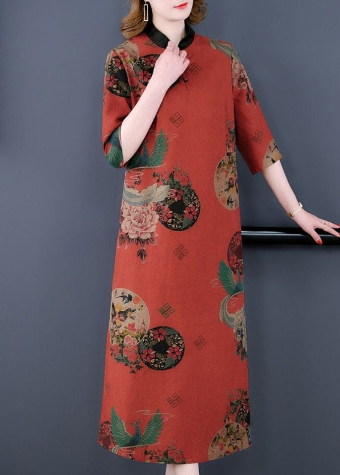 Medallion Print Mandarin Collar Frog Button Half Midi Dress - View 3